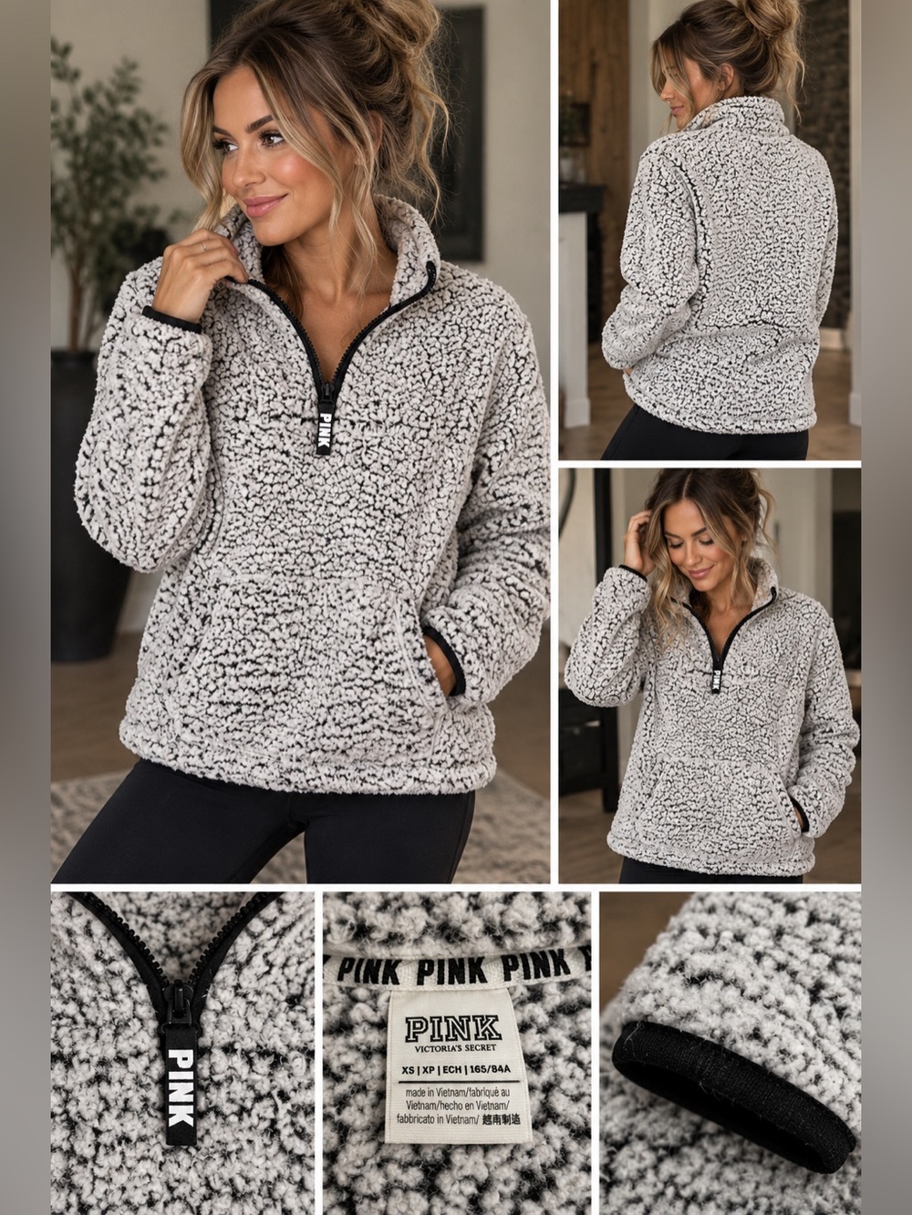 Victoria’s Secret PINK Sherpa Quarter Zip Pullover Gray Black XS